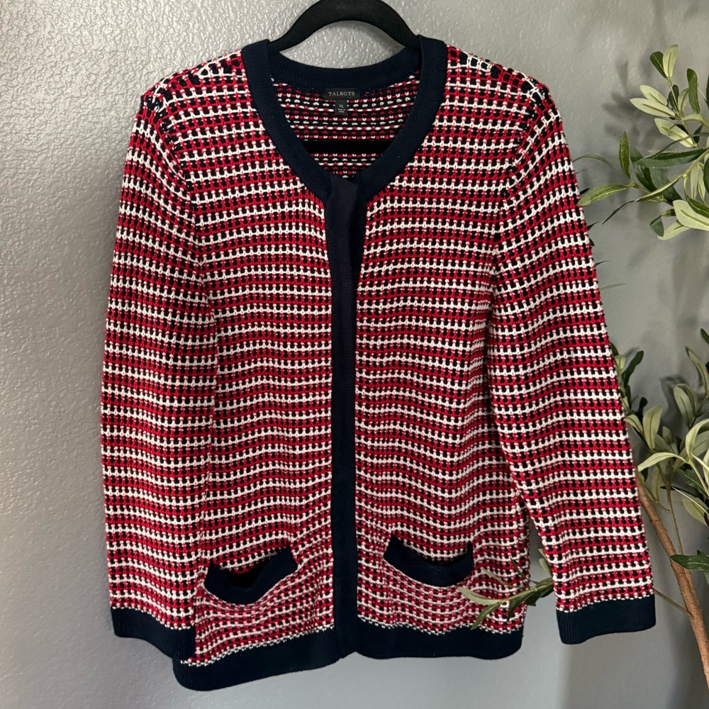 Talbots Red, White, And Navy Knit Cardigan Sweater